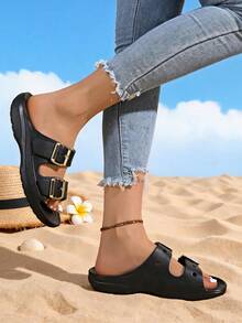 Sandalias de mujer de unicolor versátiles con hebilla de metal, EVA, parte superior ajustable amigable para pies anchos, suela gruesa con punta abierta, pantuflas casuales, adecuadas para uso diario en la oficina - Negro - Ver 3