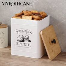 Myrothcane 1pc Vintage White Metal Biscuit Tin With Bamboo Lid, Large Square Cookie Storage Canister, Airtight Snack Container For Cookies, Candy, Nuts, Tea, Kitchen Pantry Organizer, Retro Printed Food Storage Jar For Home Baking - White - View 13