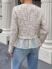 Women's French Elegant Tweed Cardigan, Round Neck Colorful Button-Up Patchwork Ruffle Mesh Hem Contrast Buttons Elegant Jacket - Apricot - View 2