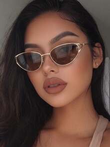 1 pieza Gafas de ojo de gato vintage con marco ovalado de metal, lentes de color té degradado premium, accesorio de estilo minimalista de lujo, adecuado para el uso diario, vacaciones en la playa, fotografía de calle y regalo para amigos, combina perfectamente con atuendos elegantes y sofisticados del día a día - Multicolor - Ver 2