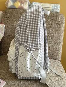 New Cute Checkered Contrasting Color Backpack, Lightweight, Simple, High-End Women's Backpack, College Style Backpack - Grey - View 3
