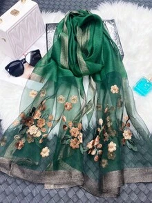 女款綠色花卉串珠圍巾，優雅花卉圖案裝飾披肩，長款防風裝飾披風，貼心母親節禮物 - 綠色 - 查看 5