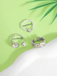 3 piezas/Set Anillos de Perla Margarita para Mujeres, Estilo Mori Minimalista Dulce y Fresco, Anillo Abierto de Diseño de Nicho Apilable para el Dedo Índice - Multicolor - Ver 5