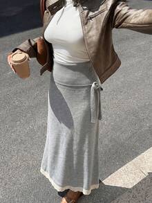 Elegant Women's Knitted Midi Dress, Grey Medium Stretch Fabric, Decorated With Exquisite Lace Hem, Autumn Fashion Choice - Grey - View 5