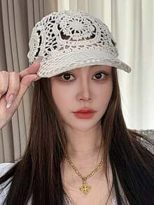 1pc Summer Hollow Handmade Crochet Baseball Cap/Vintage Handmade Woven Breathable Sun Hat/Adjustable Versatile Hat/Gift For Friends - Multicolor - View 9