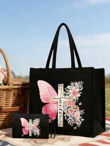 Bolsa de mano con tema cristiano y bolsa pequeña con cruz, mariposa rosa y patrón de letras florales coloridas, regalo ideal para seres queridos y maestros. Bolsa de mano de lino de gran capacidad para mujer con diseño innovador, espaciosa, portátil y casual, perfecta para ir de compras. Bolsa de mano portátil multifuncional para maestras, excelente opción de regalo para mujeres. Regalo del Día del Maestro, Día del Padre, regalo de cumpleaños, regalo de vuelta a la escuela, - Multicolor - Ver 3