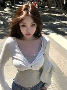 2-In-1 Knot Design Striped Long Sleeve T-Shirt Contrast Color Knit Top Casual White - White - View 8