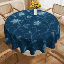 1pc Round Tablecloth, Table Cover, Round Table Cover, White Floral Design, Navy Blue Background, Perfect For Christmas, New Year, Valentine's Day, Easter, Mother's Day, Father's Day, Halloween, Thanksgiving, Celebrations, Picnics - Round - View 4
