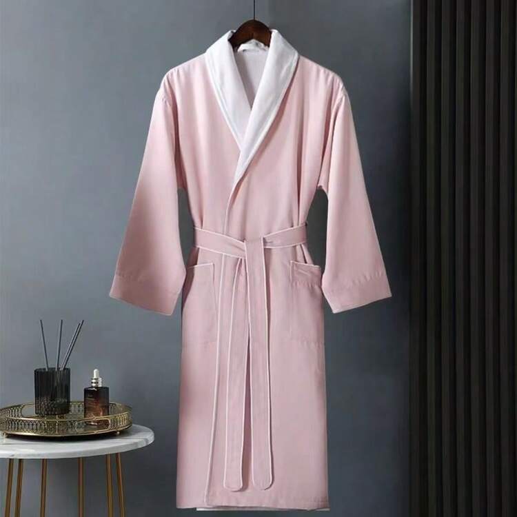 1pc Solid Color Contrast Trim Premium Bathrobe Long Robe Housecoat Morning Robe Casual Pure Cotton Soft Absorbent For Bathroom Bedroom Pool Hotel Homestay Travel Gift - Multicolor - View 8