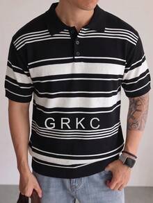 Men's Polo Shirt, Turn-Down Collar, Short Sleeve, Knitted, Slim Fit, Straight Cut, Casual Daily Wear, Horizontal Striped Knit T-Shirt, Spring/Summer - Black - View 1