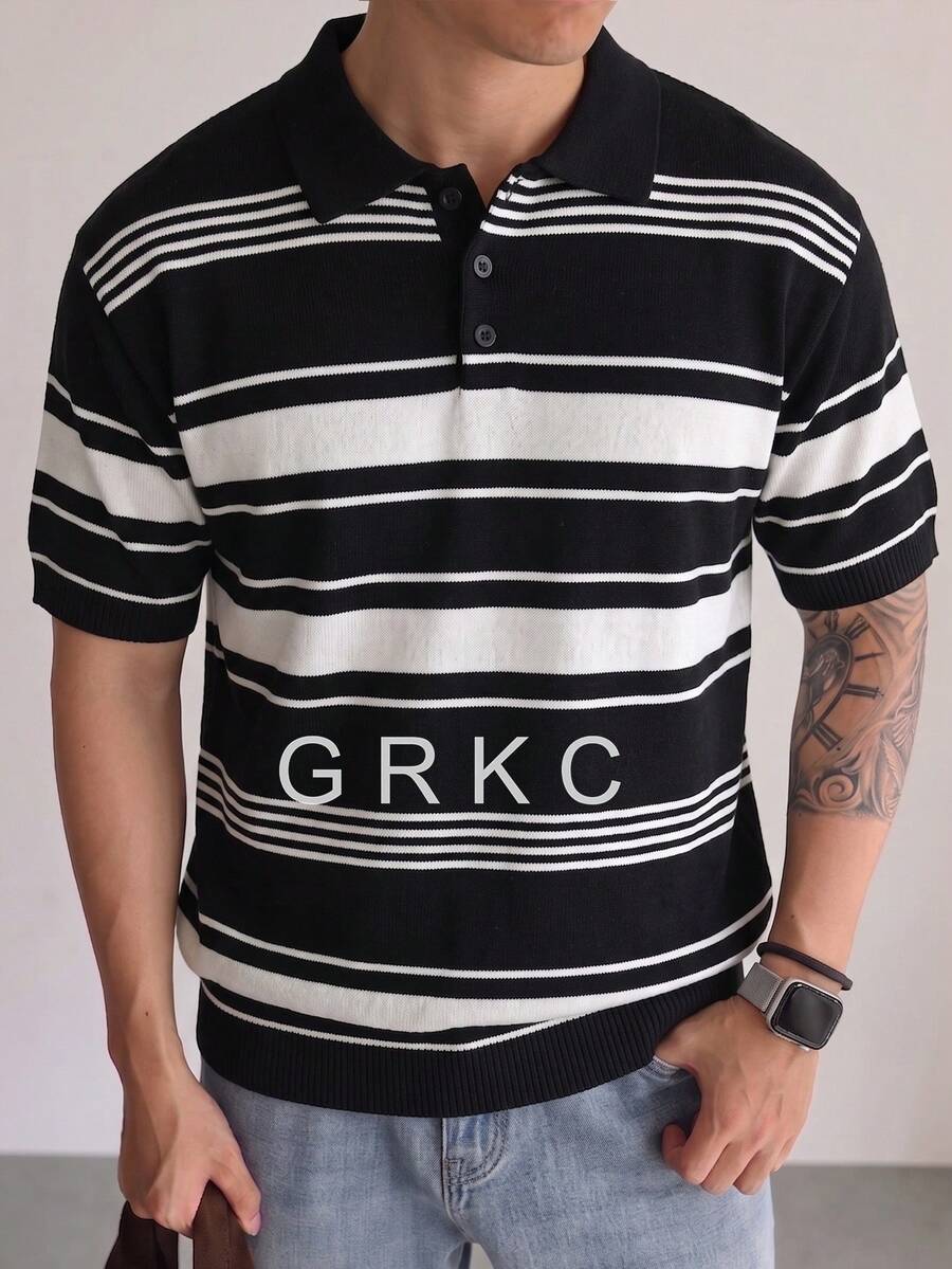 Men's Polo Shirt, Turn-Down Collar, Short Sleeve, Knitted, Slim Fit, Straight Cut, Casual Daily Wear, Horizontal Striped Knit T-Shirt, Spring/Summer - Black - View 1