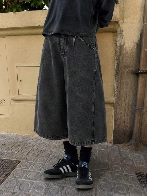 INFLATION Men's 7/10 Length 3D Cut Washed Curved Leg Cargo Shorts, New Distressed Streetwear Style