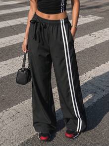 Women's Black And White Reversible Striped Wide Leg Sweatpants, Y2K Style, Drawstring Waist Loose Silhouette Streetwear Sports - Black - View 5