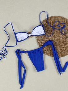 Bikini Segitiga Halter 2 Potong Wanita Warna Biru Tua dengan Detail Kerut, Tali Samping Motif Cangkang Emas, Elegan dan Seksi untuk Liburan di Pantai, Pulau, Tropis, Pesta, dan Foto. - Biru - View 3