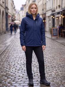 Women Navy Blue Hooded Outdoor Jacket Zip Up Stand Collar Zipper Pockets Adjustable Cuffs Long Sleeve Hiking Coat - Blue - View 3