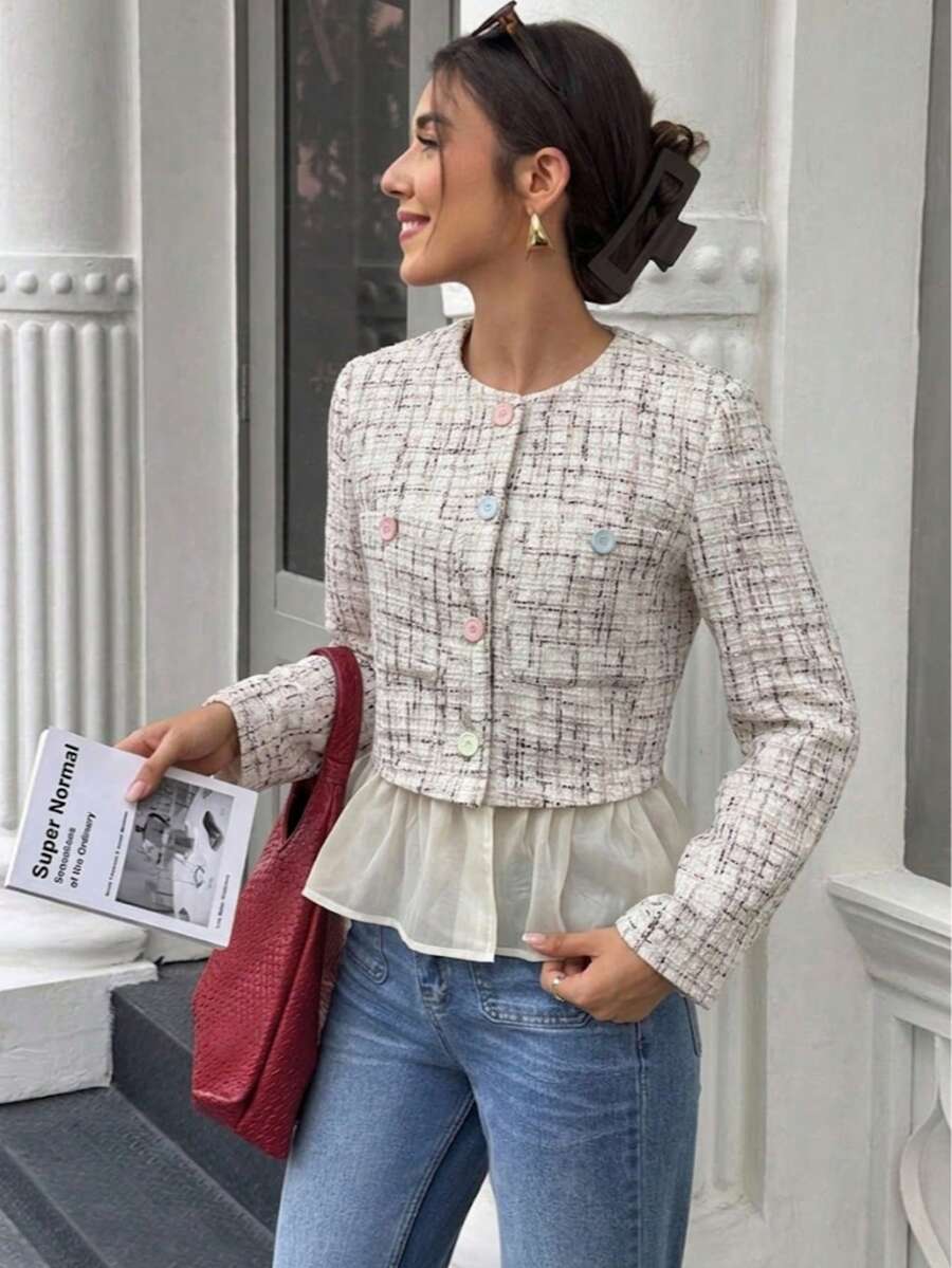 Women's French Elegant Tweed Cardigan, Round Neck Colorful Button-Up Patchwork Ruffle Mesh Hem Contrast Buttons Elegant Jacket - Apricot - View 1