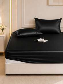 1pc Solid Color Satin Fitted Sheet, Silky Soft Skin-Friendly Breathable Bedding, Elastic Deep Pocket Fitted Sheet, Machine Washable Easy Care, Suitable For Twin/Full/Queen/King Bed, Bedroom Decor - Black - View 2