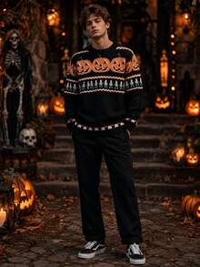 Men's Halloween Classic Color Block Pumpkin & Skull Pattern Long Sleeve Crew Neck Pullover Sweater - Multicolor - View 5