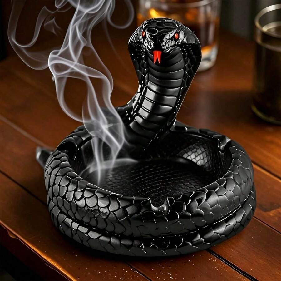 1个“蛇年快乐”创意蛇形烟灰缸,暗黑风格蛇王造型,适合家居卧室客厅书桌装饰,送给男友的惊喜礼物 - 黑色 - 查看 1