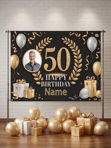 1pc - Customized Happy Birthday Backdrop, Customized Black & Gold Theme Printed Poster - Personalized Birthday Party Custom Photo And Name Poster - Suitable For Party Decorations, Birthday Gifts, Gallery Decor And Photo Props, Party Decor, Unique Personalized Background Photography And Display, Complete Party Decor, Multi-Functional, Highly Decorative, Reusable, Exquisite, Fashionable - Multicolor - View 4