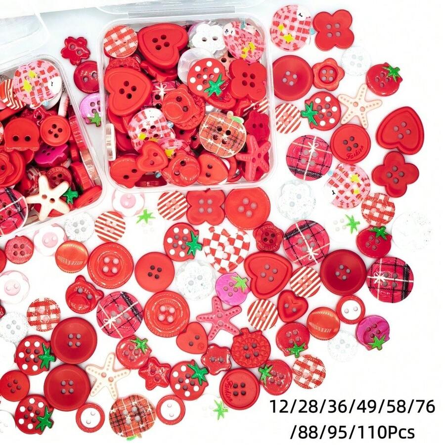 12/28/36/49/58/76/88/95/110入盒裝隨機款樹脂鈕扣 紅色系 愛心草莓花朵圓形星星形裝飾鈕扣 DIY手工材料 適用縫紉配件衣物服飾裝飾創意手工拼貼剪貼簿相簿貼紙珠寶配件 - 多色 - 查看 1