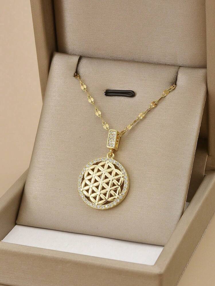 1pc Fashion Shiny Round Flower Stainless Steel Women's Necklace, 1 Pair Fashion Shiny Round Flower Stainless Steel Women's Earrings, Gold Necklace, Gold Earrings, Stainless Steel Jewelry, Gold Jewelry, Summer, Beach, Vacation Jewelry, Bohemian, Charming, Proud, Western Jewelry, Gift For Women, Gift, Birthday Gift - Yellow Gold - View 8