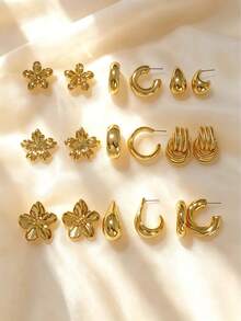 6/18pcs Elegant Women's Earring Set, Fashionable Charming Design, Floral Teardrop Twisted C-Shape And More Styles Multi-Piece Combination, Minimalist Gold Thick Earring Jewelry Accessories Suitable For Daily Wear - Gold - View 2