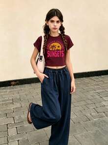 Tween Girl Customized Cotton Top, Spring/Summer Round Neck Short Sleeved T-Shirt With Tropical Letter Print, Suitable For Daily Casual Wear And Vacation - Jujube Red - View 5