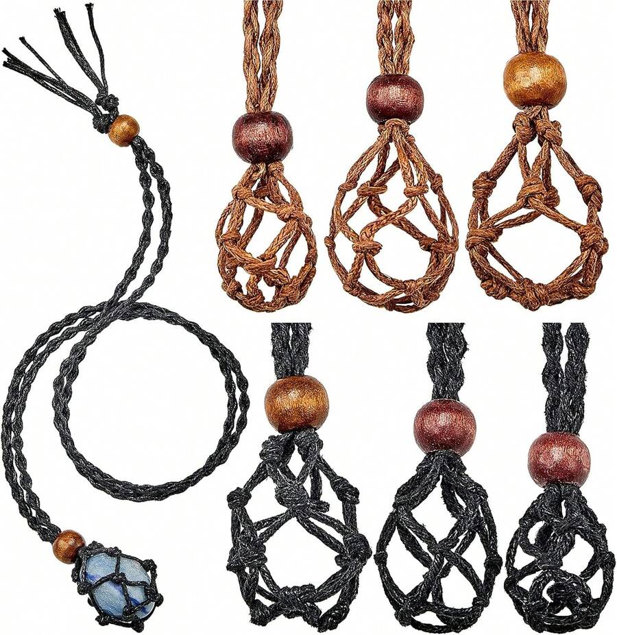 Hicarer 6 Pieces Necklace Cord Empty Stone Holder Empty Necklace Holder Quartz Stone Cord, 3 Sizes Adjustable Cage Fish Netted Jewelry Making(Black,Brown) - Black,Brown - View 1