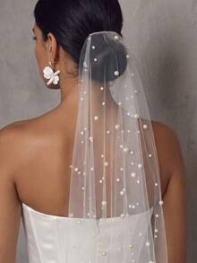 1pc Single Layer Starry Pearl Short Bridal Veil, High Quality Skin-Friendly Soft Mesh Wedding Veil - Multicolor - View 3