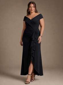 EVERPRETTY Women's Plus Size Elegant V-Neck Sleeveless Pleated Ruffle Asymmetrical Hem Midi Formal Dress, Suitable For Party, Evening Gala, Wedding Guest - Black - View 4