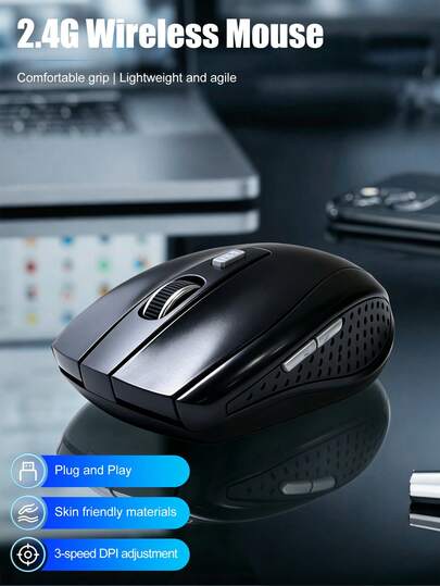 Ratón inalámbrico ergonómico 2.4G con 6 botones, DPI ajustable 800/1200/1600, receptor USB plug and play, ratón silencioso con goma antideslizante amigable con la piel, ratón portátil inalámbrico para portátil, PC, oficina y juegos
