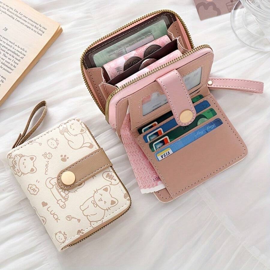 Cute Bear Print Women's Wallet, Original Minimalist Japanese Style, 3-Fold Snap Button Short Coin Purse, Handbag - View 1