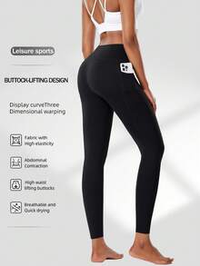 Women's Side Pocket Leggings, Spring Summer Autumn, Outdoor Running Workout Sports Leggings, Solid Color Elastic Compression Leggings Black Fall - Black - View 2