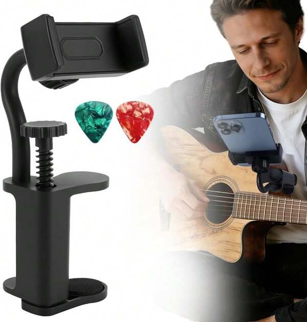 Guitar Phone Holder, 360° Rotatable Guitar Phone Mount For Video Recording &Amp; Live Streaming, Universal Phone Clip Fits Acoustic Electric Guitars