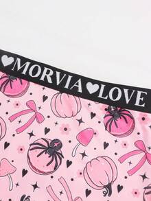 Dircho 1pc Women Pink Pumpkin Spider Bow All Over Print Boyshort Panties, Letter Elastic Waistband, Soft Skin-Friendly Non-Roll Underwear - Multicolor - View 6