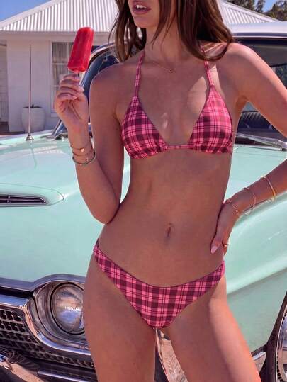 Plaid Women's Halter Bikini, Sexy Backless Swimwear, High Stretch Two Pieces Set, Beach Ready