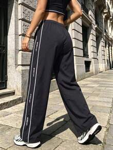 Women's American Street Style Embroidered Letter Casual Sports Pants With Side Stripes, Drawstring Waist And Straight Leg - Black - View 3