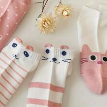 3 Pairs Random Assortment Japanese Sweet Style Striped Polka Dot Cartoon Cat & Rabbit Short Socks, 3D Ear Design, Breathable Comfortable Cotton Socks For Commuting And Casual Wear - Multicolor - View 6