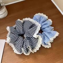 4Pcs Retro Plaid Lace Frilly Hair Bands, Fluffy Ruffle Design, All-Match Gentle Fashion Hair Accessory For Women Daily Makeup - Multicolor - View 3