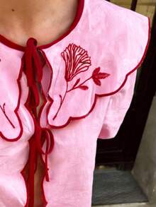 Women's Peter Pan Collar Embroidered Lantern Sleeve Shorts 2-Piece Set, French Vintage Style Casual Outfit, Spring/Summer Vacation Daily Wear - Pink - View 4