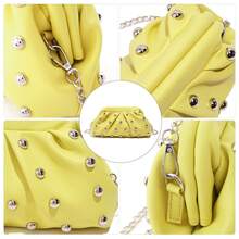Vintage-Style Pleated Clutch With Rivet Decoration, Ruffled, Cloud-Patterned Beach Bag For Women, Fashionable Clutch Handbag With Chain Strap - 黃色 - 查看 6