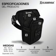 Piernera Tactica Kampak Rt36 Modelo Mediano Ligero Multiusos, unisex con 4 compartimentos + espacio para botella - Negro - Ver 2