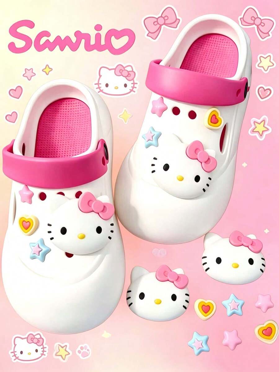 SANRIO 8pcs Cute Hello Kitty Shoe Charms - Multiple Designs Including Heart, Bow, Cat Paw And "I Love You" Slogan, Pink Accessories Suitable For Sandals, Clogs, Bags, Bracelets - Perfect Gift For Friends, Sparkling Shoe Decor, Bracelet Accessories, Fun Design, Durable PVC Material, High Quality Decoration (Random Style)