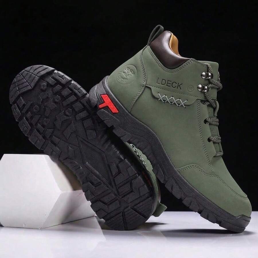 Men's Green High-Top Hiking Boots, Outdoor Work Boots, Lace-Up Ankle Combat Boots, Durable Hiking Shoes, Suitable For Camping, Motorcycle Riding And Other Activities - Green - View 1