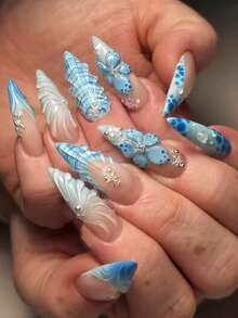 24pcs 3D Ice Blue Butterfly Wave Long Pointed Press-On Nails, Nude Base Gradient Embossed Shell Wave Nail Stickers, Cool Healing Island Style Removable Manicure, Makes Fingers Look Slender For Photos - 淺藍色 - 查看 2
