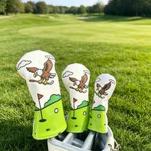 Eagle Embroidered Golf Club Head Cover, Waterproof PU Leather Wood Club Protector, Cartoon Fairway Wood Driver Universal Club Cover, Outdoor Golf Sports Accessory, Wear-Resistant Anti-Collision Golf Club Protective Sleeve, Unisex Fun Golf Course Pattern Golf Club Protection - White - View 2