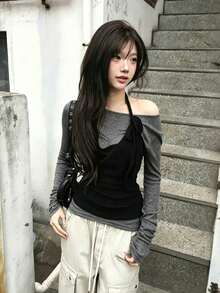 Korean Niche Design Halter Neck Tank Top & Halterneck Long Sleeve T-Shirt 2-Piece Set, Layered Slim Fit For Women Elegant - Dark Grey - View 1