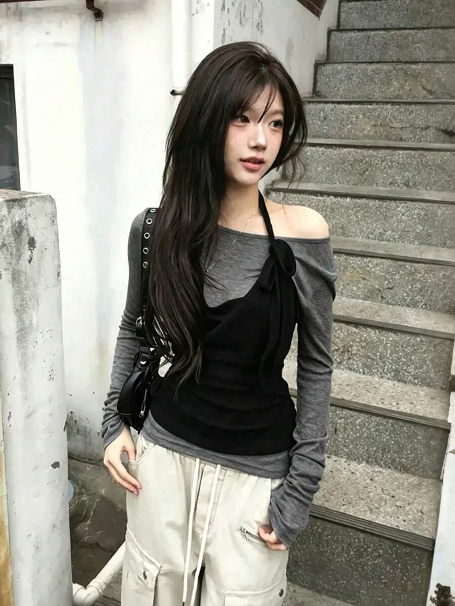 Korean Niche Design Halter Neck Tank Top & Halterneck Long Sleeve T-Shirt 2-Piece Set, Layered Slim Fit For Women Elegant - Dark Grey - View 1