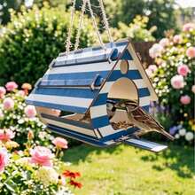 Multi-Style Wooden Hanging Birdhouse Set, Rustic Cottage Style Bird Nest With Rope Hook, Blue & White Stripes/Star Hollow/Red Brick/Pink Floral/Christmas Gift Pattern Birdhouse, Outdoor Garden Tree Porch Decor, Suitable As Gardening Gift For Bird Lovers - A - View 4